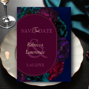 Stylish jewel tones floral burgundy navy wedding  save the date