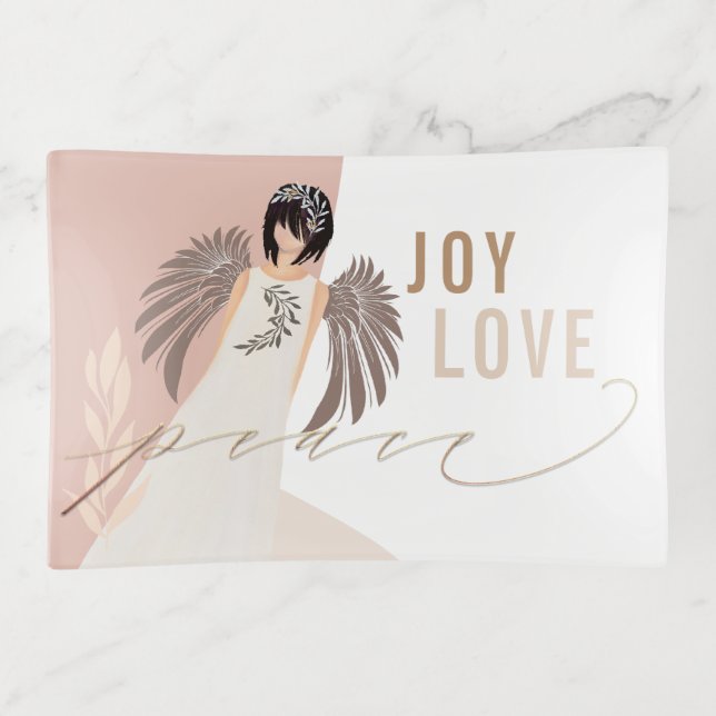 Stylish  Joy Love Peace Dusty Pink Cream Angel Trinket Tray (Front)