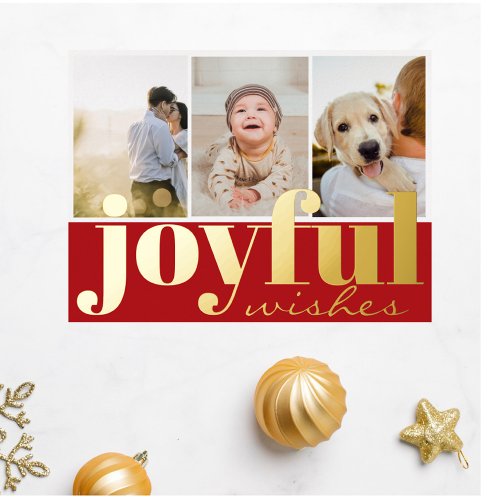 Stylish Joyful Wishes Three Photos Red Christmas  Foil Holiday Postcard