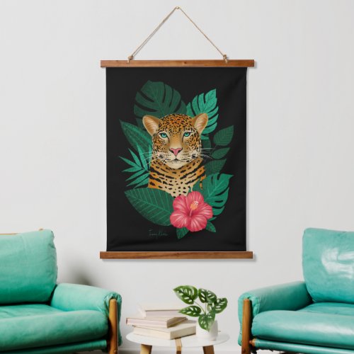 Stylish Jungle Leopard Floral Art  Green Black Hanging Tapestry