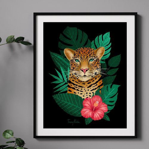 Stylish Jungle Leopard Floral Art  Green Black Poster
