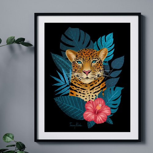 Stylish Jungle Leopard Floral Art  Navy Blue Poster