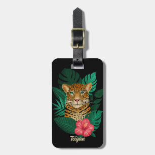Stylish Jungle Leopard Floral Name Kids Black Luggage Tag