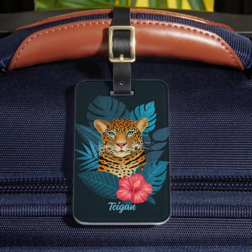 Stylish Jungle Leopard Floral Name Kids  Blue Luggage Tag