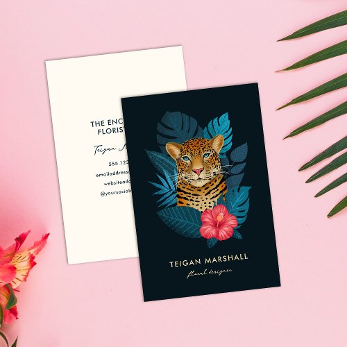 Stylish Jungle Leopard Hibiscus Flower  Blue Business Card