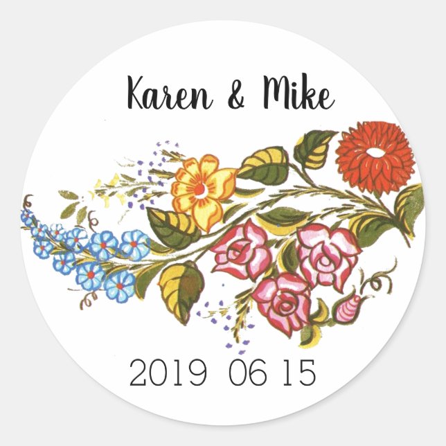 Stylish Kalocsai  flowers - personalized wedding Classic Round Sticker (Front)