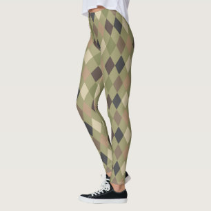 Stylish Khaki Green and Brown Diamond Pattern Leggings