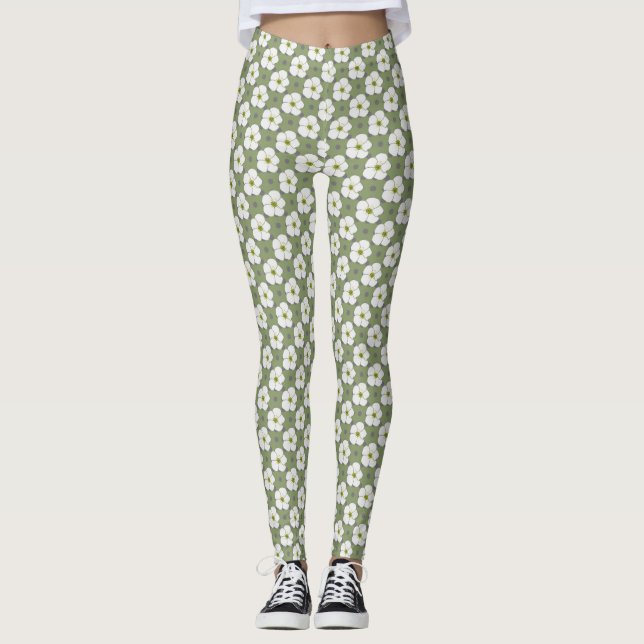Stylish Khaki White Flowers Floral Pattern Leggings (Front)
