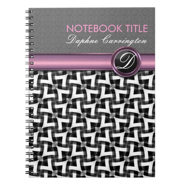 Stylish Lady Black White Pattern Monogram Notebook (Front)