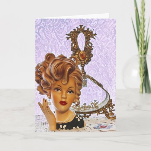 Stylish Lady Head Vase Spiral Curls Floral Dress Card