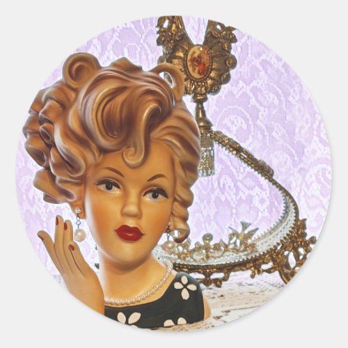 Stylish Lady Head Vase Spiral Curls Floral Dress Classic Round Sticker