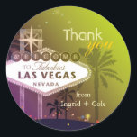 Stylish Las Vegas Wedding Thank You Favor Classic Round Sticker<br><div class="desc">Famous Las Vegas Strip Sign and palm trees   greenish yellow and light purple background illustrated on custom Wedding Thank You Stickers. ((You can find the matching wedding essentials & favors in this store,  Bridal Heaven. Contact ujean4791@gmail.com for custom work and/or coordinating wedding stationery.))</div>