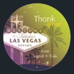 Stylish Las Vegas Wedding Thank You Favor Classic Round Sticker<br><div class="desc">Famous Las Vegas Strip Sign and palm trees   greenish yellow and light purple background illustrated on custom Wedding Thank You Stickers. ((You can find the matching wedding essentials & favors in this store,  Bridal Heaven. Contact ujean4791@gmail.com for custom work and/or coordinating wedding stationery.))</div>