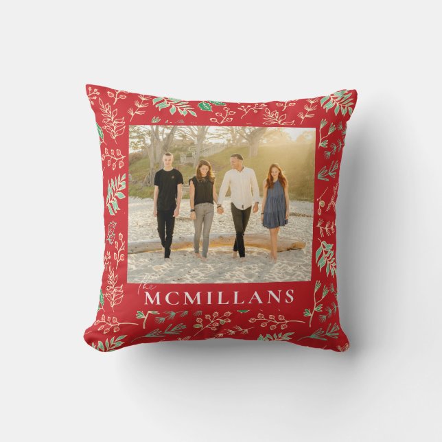 Stylish Last Name Holiday Pattern Christmas Throw Pillow (Front)