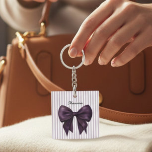Stylish Lavender Stripes Purple Bow  Keychain