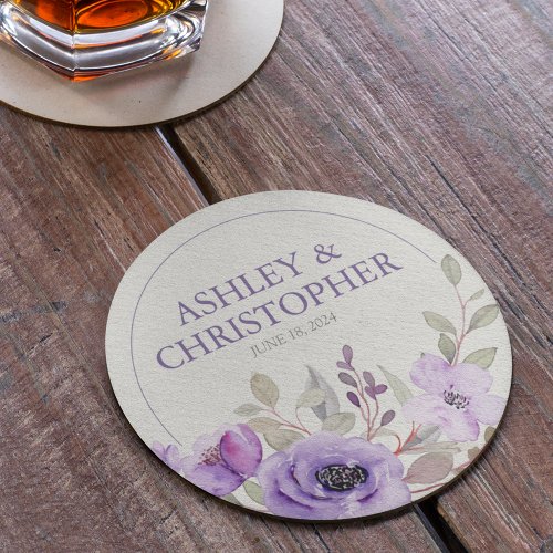 Stylish Lavender Watercolor Floral Bouquet Wedding Round Paper Coaster