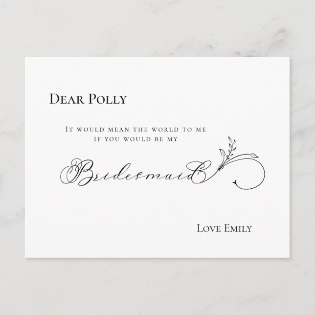 Stylish Leaf Black Script Bridesmaid Request Postcard (Front)