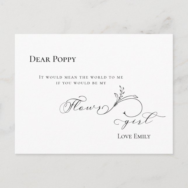 Stylish Leaf Black Script Flowergirl Request Postcard (Front)