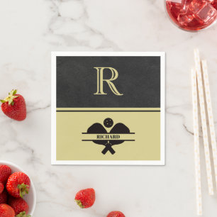 Stylish Leather Textured Monogram Name Black Gold Napkins