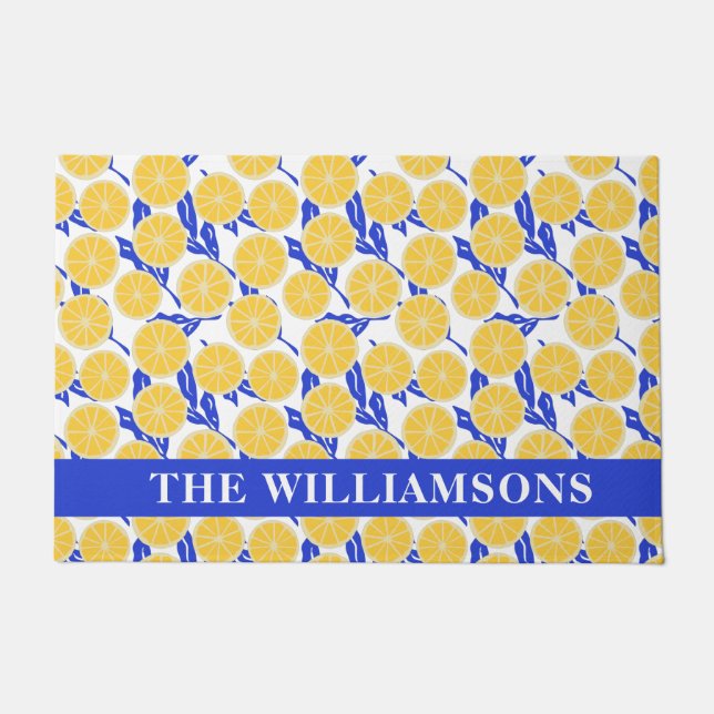 Stylish Lemon Pattern Blue Yellow Personalized  Doormat (Front)