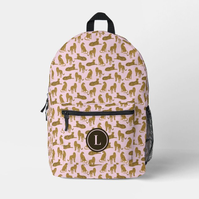 Stylish Leopard Animal Pattern Pink Monogram Printed Backpack (Front)