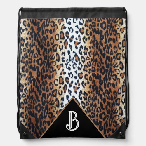 Stylish Leopard Animal Print  Black Custom Name Drawstring Bag