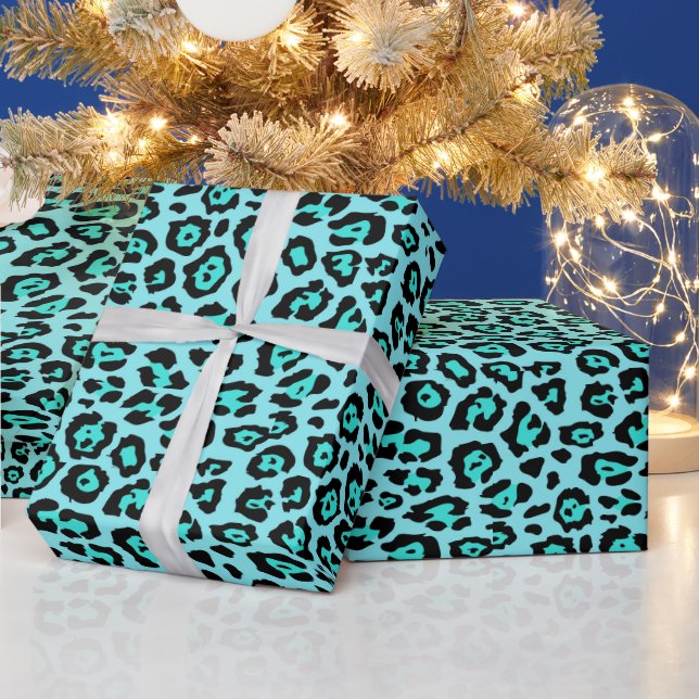 Stylish leopard animal print pattern fun aqua blue wrapping paper (Holidays)