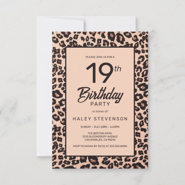 Stylish Leopard Animal Print Trendy 19th Birthday Invitation (Front)