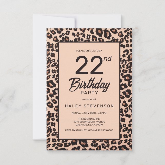 Stylish Leopard Animal Print Trendy 22nd Birthday Invitation (Front)