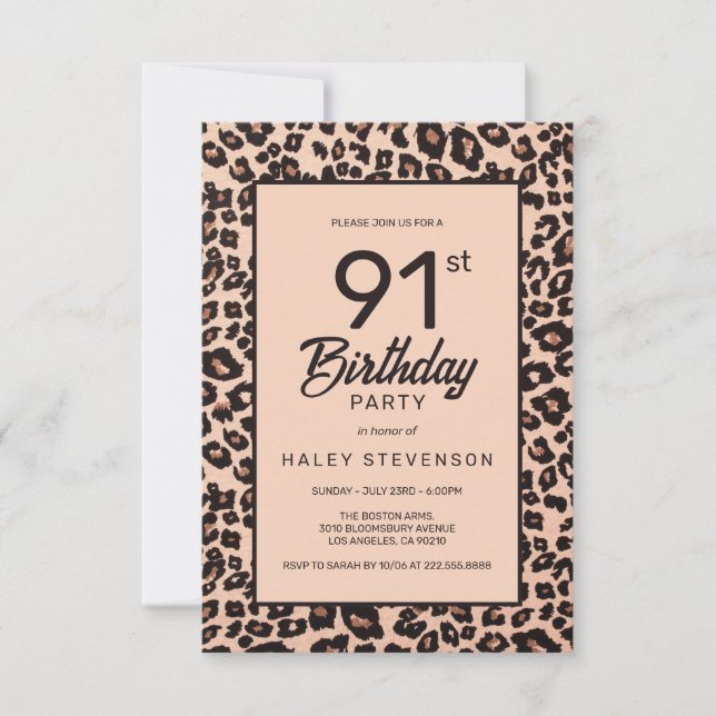 Stylish Leopard Animal Print Trendy 91st Birthday Invitation (Front)