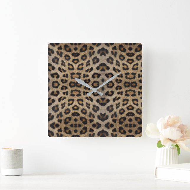 Stylish leopard fur animal print pattern modern square wall clock (Home)