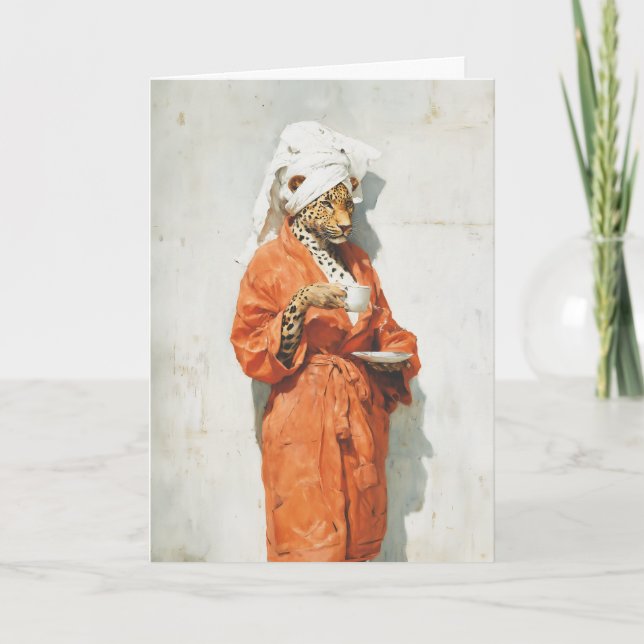 Stylish Leopard Morning Coffee Portrait Card (Front)