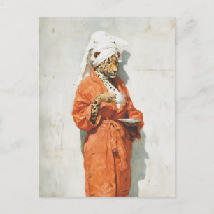 Stylish Leopard Morning Coffee Portrait Postcard