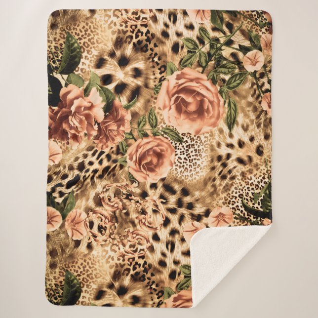 Stylish Leopard Pattern Print with Flowers Texture Sherpa Blanket (Front)