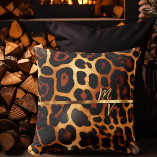 Stylish Leopard Print and Gold Monogrammed  Throw Pillow