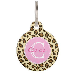 Stylish Leopard Print and Pink Monogram Pet ID Tag