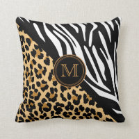 Stylish Leopard Print and Zebra Print Monogram Throw Pillow