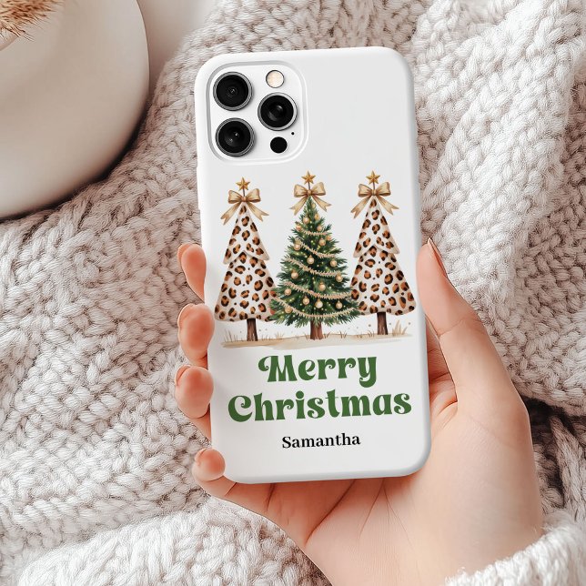 Stylish leopard Print Christmas trees personalized Case-Mate iPhone Case (Stylish leopard Christmas trees personalized phone case gift)