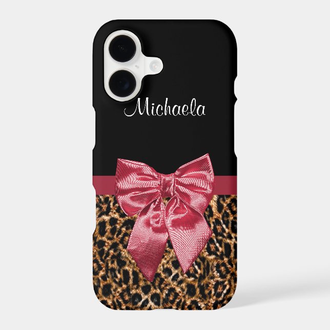 Stylish Leopard Print Cute Red Bow With Name Iphone Case (Back)