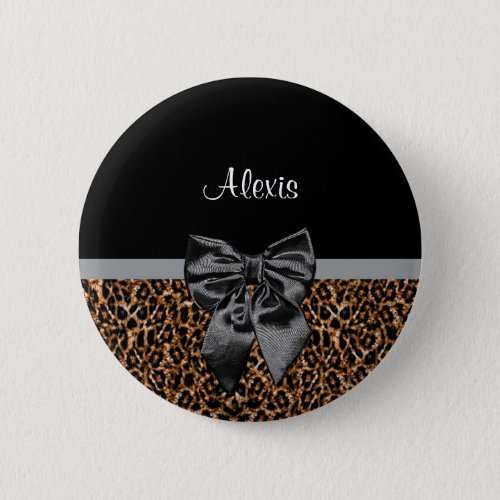 Stylish Leopard Print Elegant Black Bow and Name Button