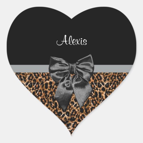 Stylish Leopard Print Elegant Black Bow and Name Heart Sticker