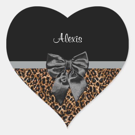 Stylish Leopard Print Elegant Black Bow And Name Heart Sticker