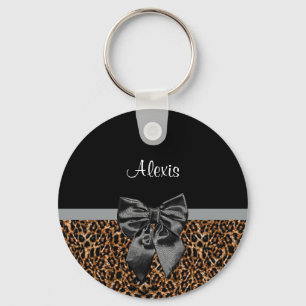 Stylish Leopard Print Elegant Black Bow and Name Keychain