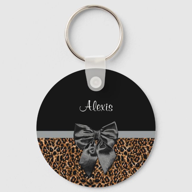 Stylish Leopard Print Elegant Black Bow and Name Keychain (Front)