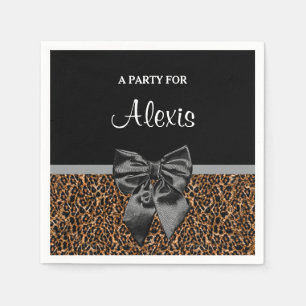 Stylish Leopard Print Elegant Black Bow and Name Napkins