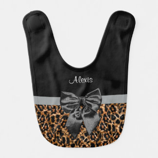 Stylish Leopard Print Elegant Black Bow Baby Name Bib