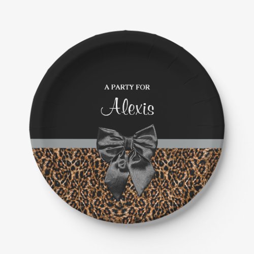 Stylish Leopard Print Elegant Black Bow Party Name Paper Plates