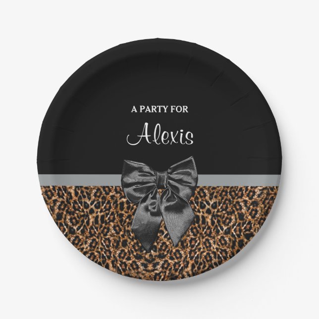 Stylish Leopard Print Elegant Black Bow Party Name Paper Plates (Front)