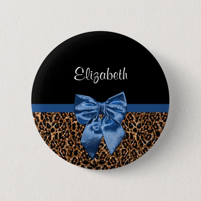 Stylish Leopard Print Elegant Blue Bow and Name Button (Front)
