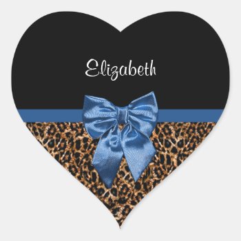 Stylish Leopard Print Elegant Blue Bow And Name Heart Sticker by ohsogirly at Zazzle
